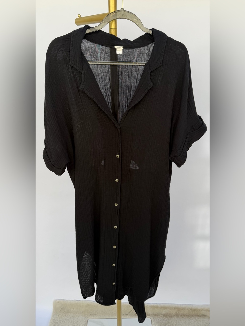 Anthropologie Lucia Sheer Cotton Button Front Midi Dress Beach Cover up Black XL